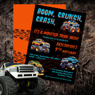 Monster Truck Bash Boy 9th Birthday Party Invitation