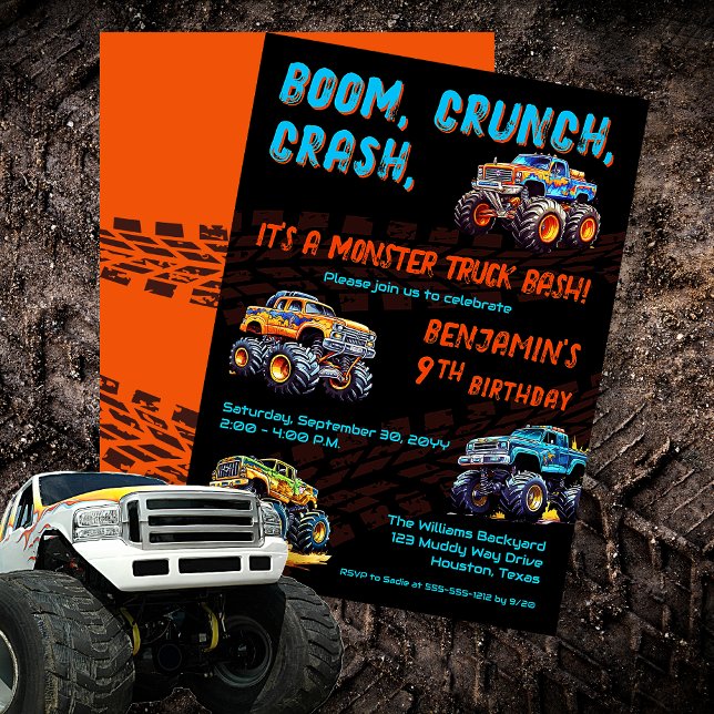 Monster Truck Bash Boy 9th Birthday Party Invitation ("Boom, Crunch, Crash, It's A Monster Truck Bash" Boy's 9th Birthday Party Invitation)