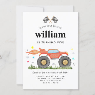 Monster Truck Bash Car Race Flags Kids Birthday Invitation