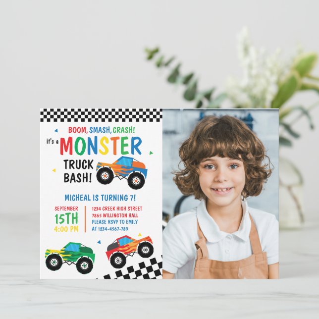 Monster Truck Bash Colourful Groovy Kids Birthday Invitation (Standing Front)