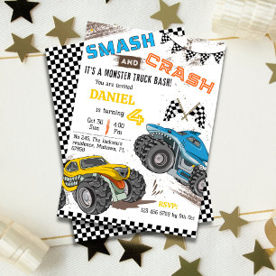Monster truck bash cool modern kid 4th birthday invitation