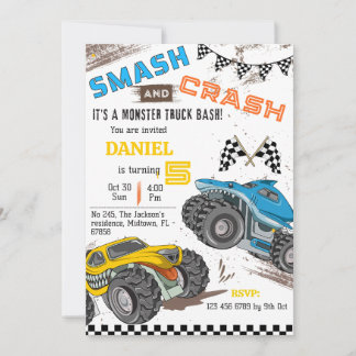Monster truck bash cool modern kid 5th birthday invitation