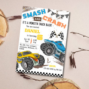 Monster truck bash cool modern kid 6th birthday invitation