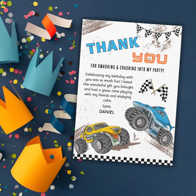 Monster truck birthday bash kids cool fun modern thank you card (Creator Uploaded)