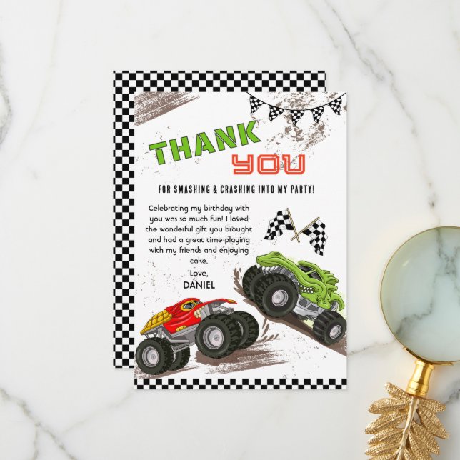 Monster truck birthday bash kids cool modern  thank you card (Front/Back In Situ)