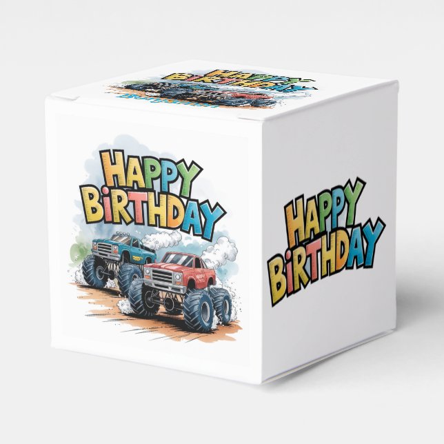 Monster Truck Birthday Bash Watercolor Art Favour Box (Front Side)