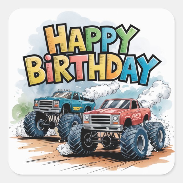 Monster Truck Birthday Bash Watercolor Art Square Sticker (Front)