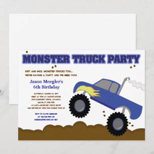 Monster Truck Birthday Blue Truck with Flames Invitation