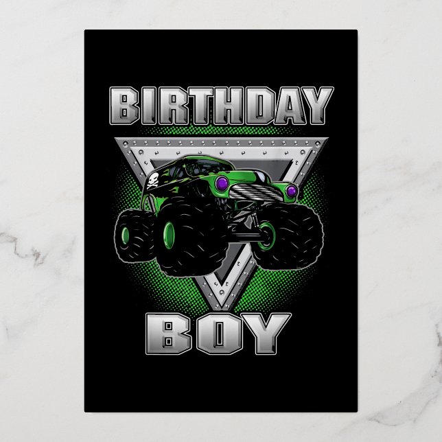 Monster Truck Birthday Boy Foil Holiday Card (Front)