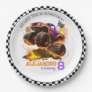 Monster Truck Birthday Fire Flames  Paper Plate