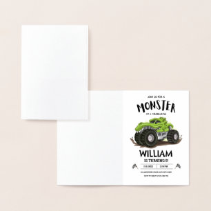 Monster Truck Birthday Invitation, Boys Birthday  Foil Card