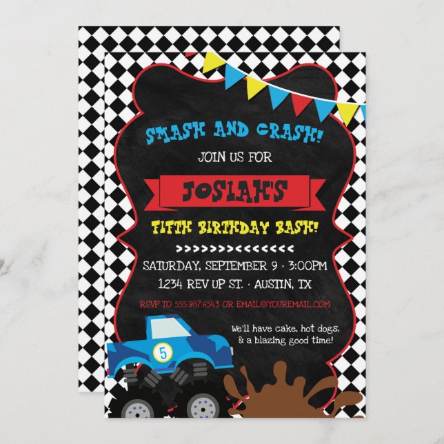 Monster Truck Birthday Invitation Chequered Flag (Front/Back)