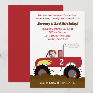 Monster Truck Birthday Invitation Red with Photo