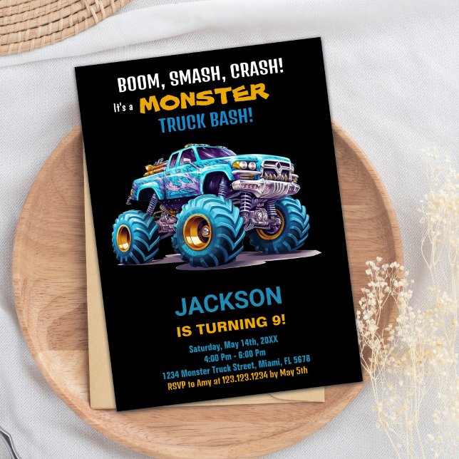 Monster Truck Birthday Invitations Blue Black (Monster Truck Birthday Invitations Blue Black)
