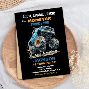 Monster Truck Birthday Invitations Blue Jump