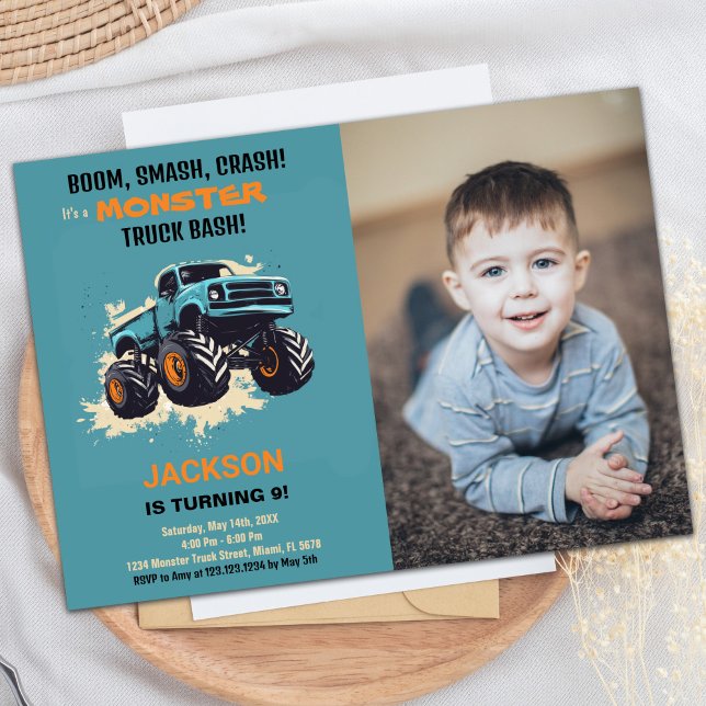 Monster Truck Birthday Invitations Blue photo (Monster Truck Birthday Invitations Blue photo)