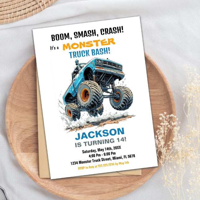 Monster Truck Birthday Invitations Blue White (Monster Truck Birthday Invitations Blue White)