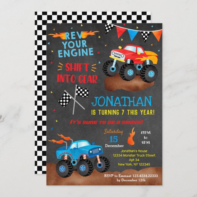 Monster Truck Birthday Invitations for boy  (Front/Back)