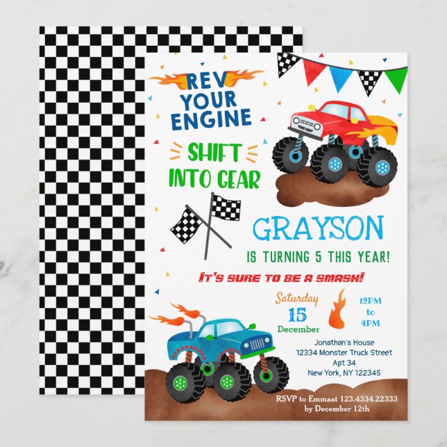 Monster Truck Birthday Invitations for boy  (Front/Back)