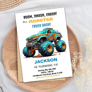 Monster Truck Birthday Invitations Green Blue