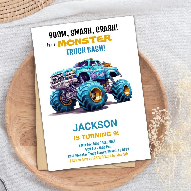 Monster Truck Birthday Invitations Orange Blue (Monster Truck Birthday Invitations Orange Blue)