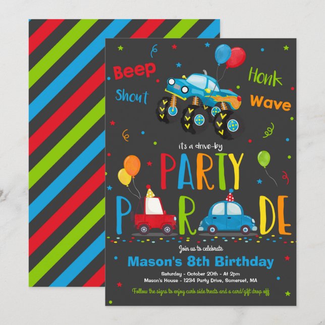 Monster Truck Birthday Party Drive By Birthday Invitation (Front/Back)