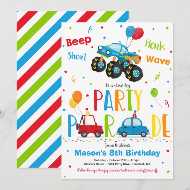 Monster Truck Birthday Party Drive By Birthday Invitation (Front/Back)