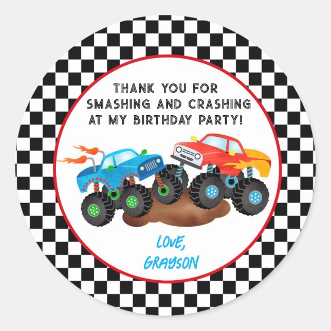 Monster Truck Birthday Party Favour Stickers Label (Front)