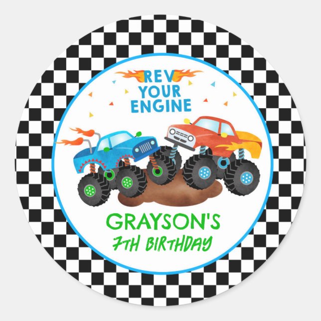 Monster Truck Birthday Party Favour Stickers Label (Front)