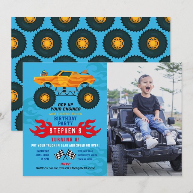 Monster Truck Birthday Party Flames Big Photo Blue Invitation (Front/Back)