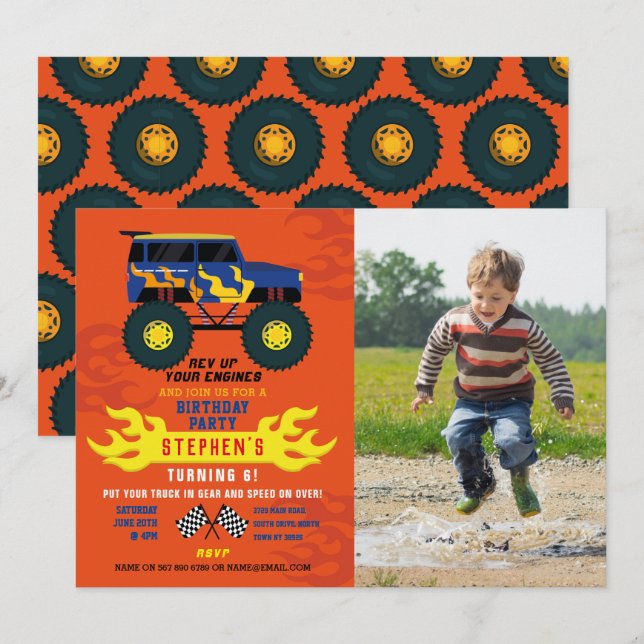 Monster Truck Birthday Party Flames Big Photo Invitation (Front/Back)