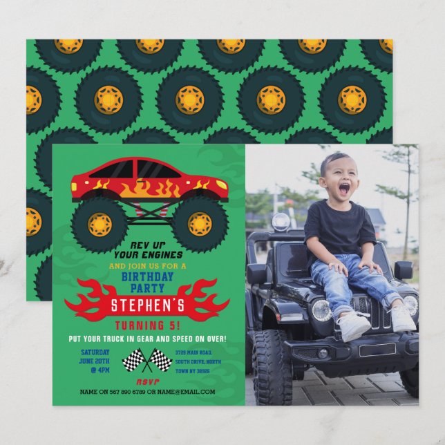 Monster Truck Birthday Party Flames Big Photo Invitation (Front/Back)