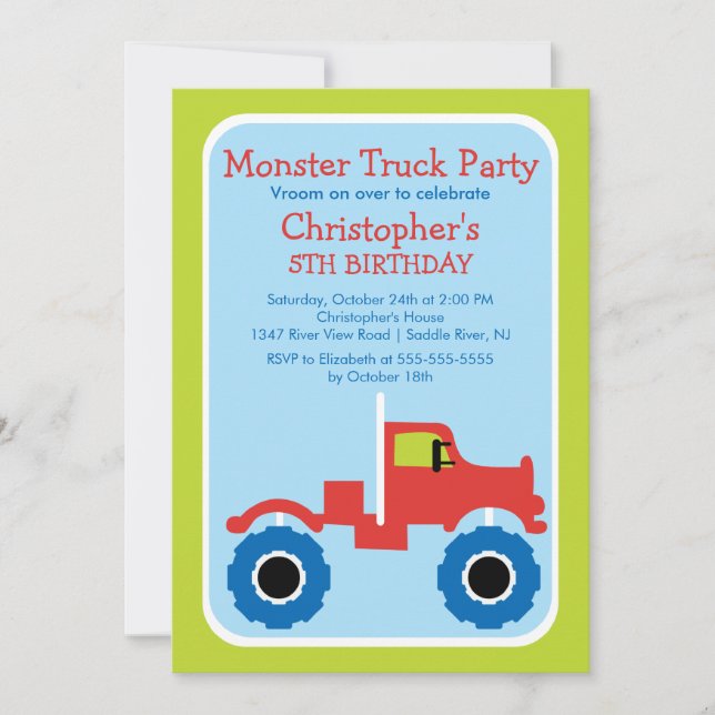 Monster truck Birthday Party for boys Invitation (Front)