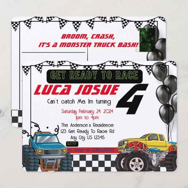 Monster Truck Birthday Party Invitation (Front/Back)
