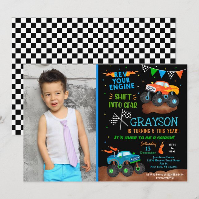 Monster Truck Birthday Party Invitations for boy  (Front/Back)