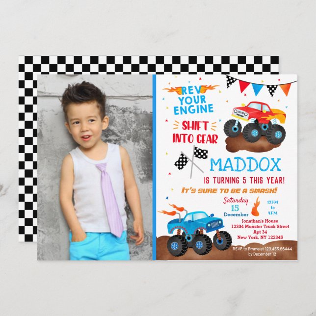 Monster Truck Birthday Party Invitations Photo (Front/Back)