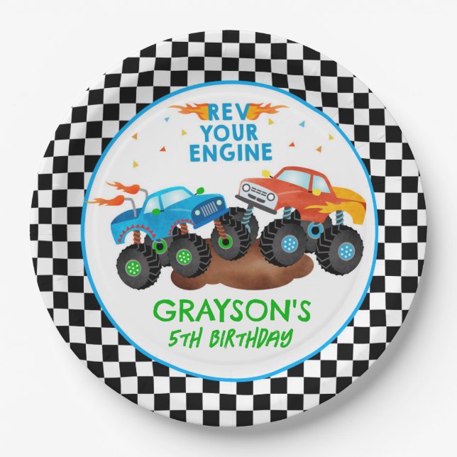 Monster Truck Birthday Party Paper Plates (Front)