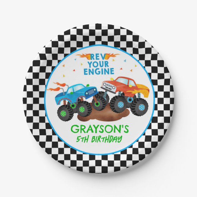 Monster Truck Birthday Party Paper Plates (Front)