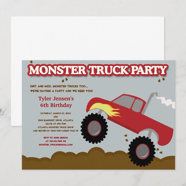 Monster Truck Birthday Party (Red / Grey Colours) Invitation (Front/Back)
