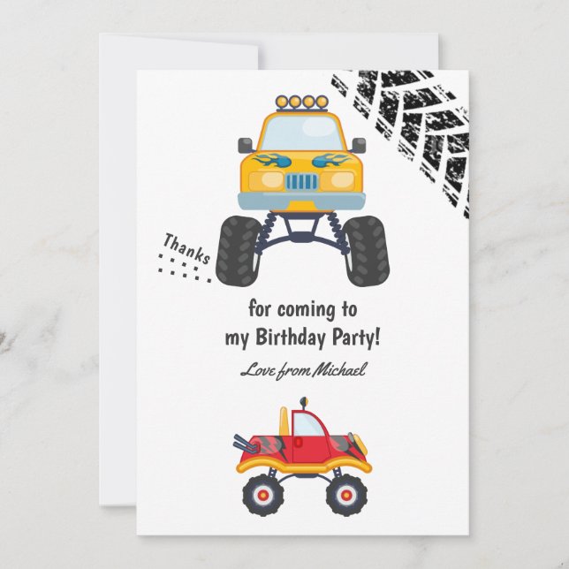 Monster Truck Birthday Party Thank You Card (Front)
