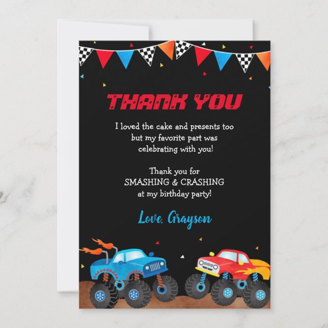 Monster Truck Birthday Party Thank You Cards (Front)