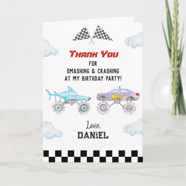 Monster Truck Birthday Party Thank You Cards (Front)