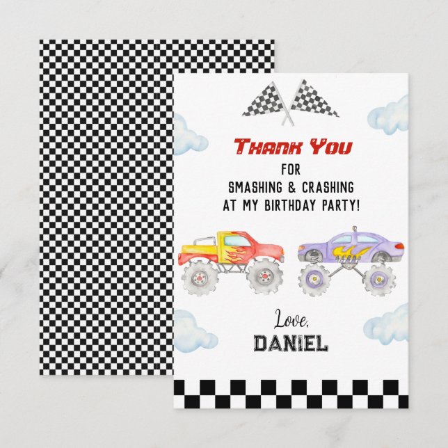 Monster Truck Birthday Party Thank You Cards (Front/Back)