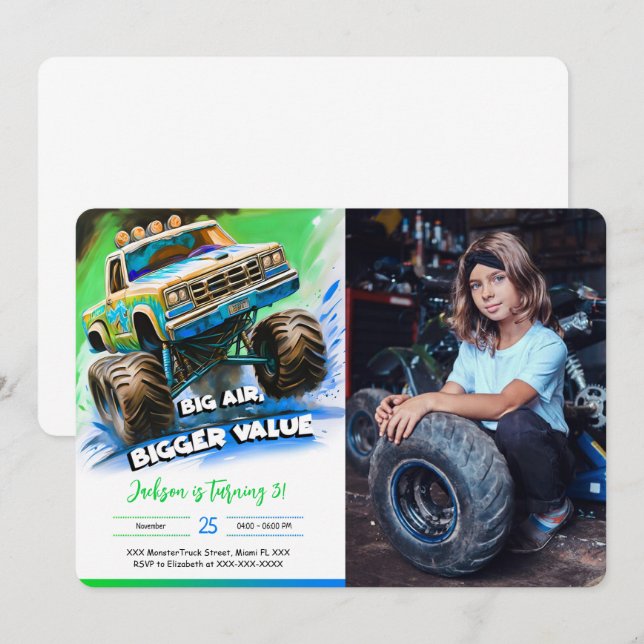 Monster Truck Birthday Photo Invitation (Front/Back)