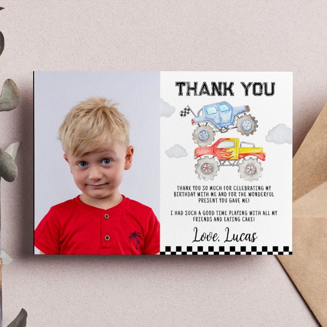 Monster Truck Birthday Photo Thank You Card (Creator Uploaded)
