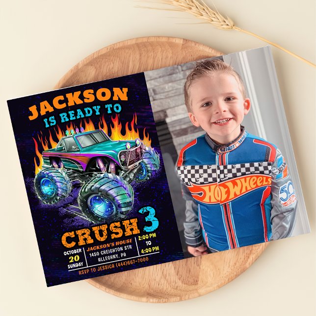 Monster Truck Boy 3th Birthday Photo Invitation (Creator Uploaded)