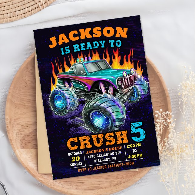 Monster Truck Boy 5th Birthday Party Invitation (Creator Uploaded)