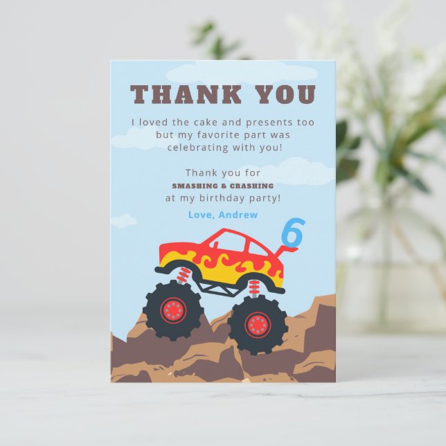 Monster Truck Boy Birthday Party Thank You Card (Standing Front)