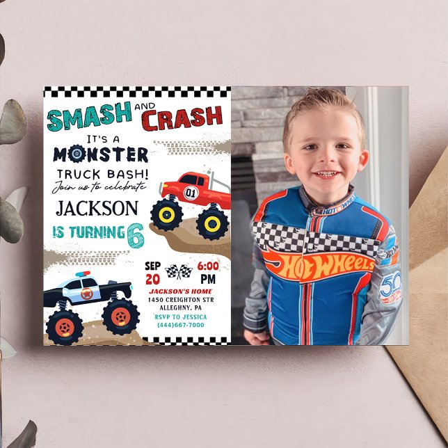 Monster Truck Boy Racing Birthday Photo Invitation (Creator Uploaded)