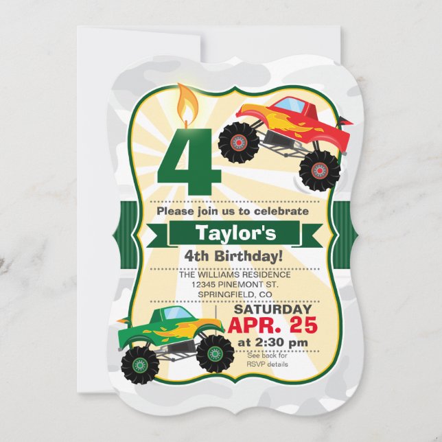 Monster Truck Boy's Birthday Party Invitation (Front)